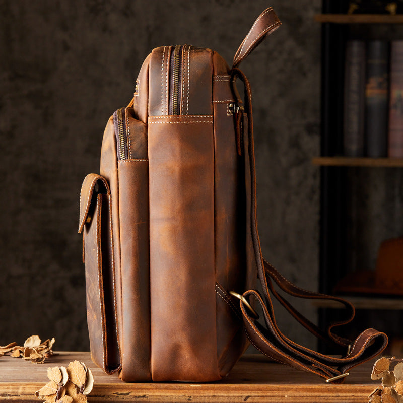 Men's Backpack Genuine Cowhide Leather Crazy Horse Handmade Original Travel Bag Retro Casual Men's Bag
