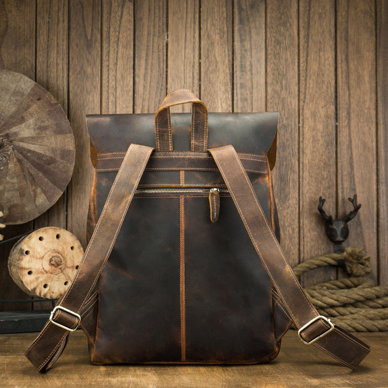 Men's Rucksack Korean Fashion Handmade Cowhide Genuine Leather Crazy Horse Outdoor Travel Bag Casual Computer Bag for Men