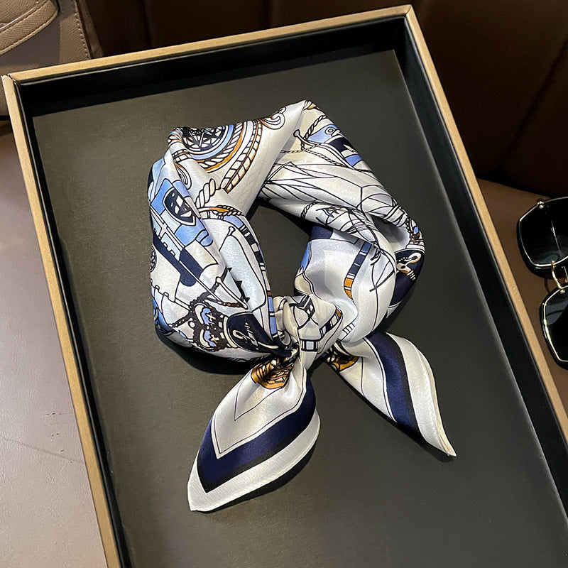 Silk scarf French retro simple chain print pattern women elegant temperament neckerchief