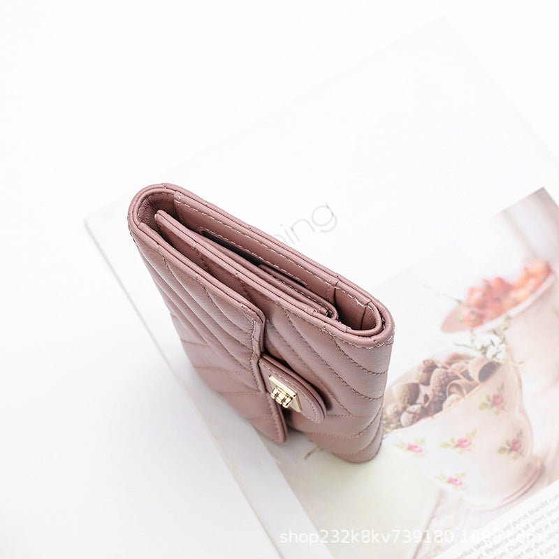 Sheep leather women's wallet stylish tri-fold wallet simple V size check coin purse high quality
