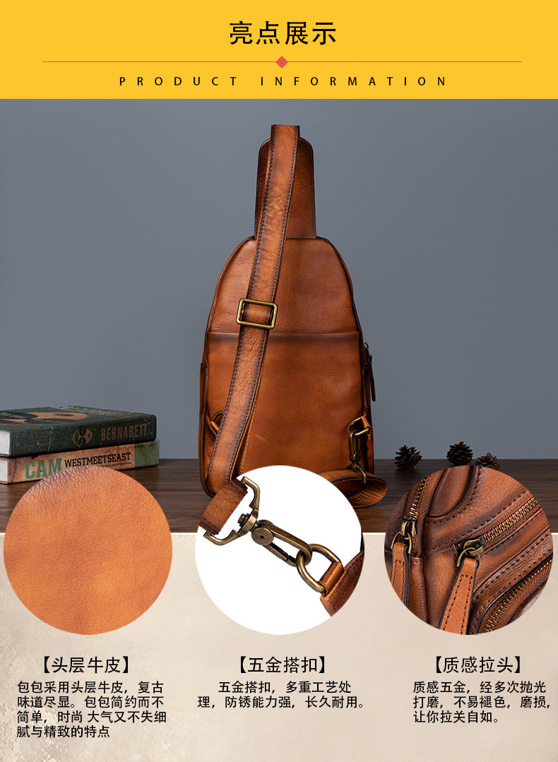 Men's bust bag Genuine cowhide leather retro crossbody bag for men