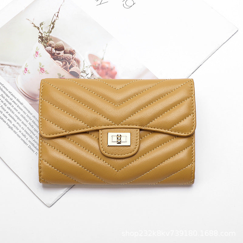 Sheep leather women's wallet stylish tri-fold wallet simple V size check coin purse high quality