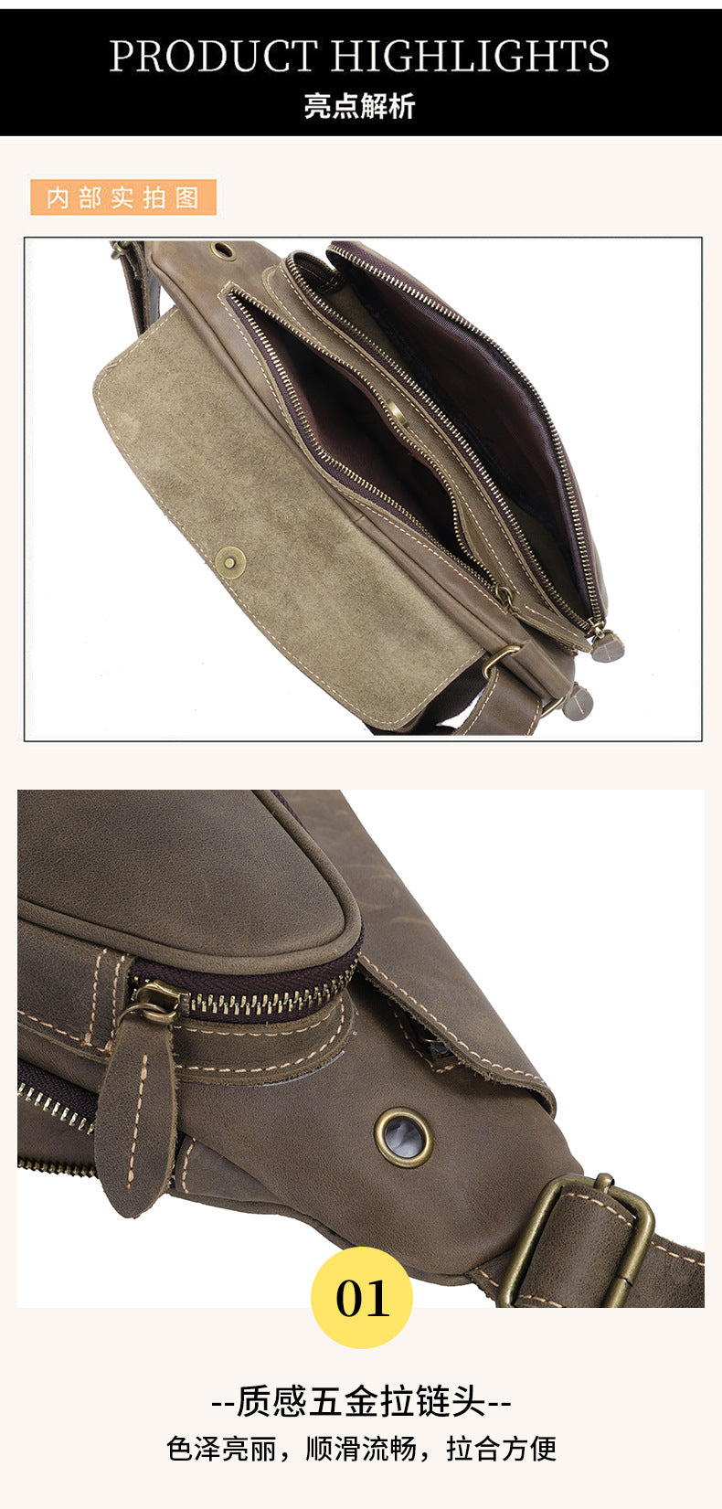Men's Bust Bag Genuine Cowhide Leather Multifunctional Fashion Waist Pouch Casual Large Capacity Crossbody Bag for Men