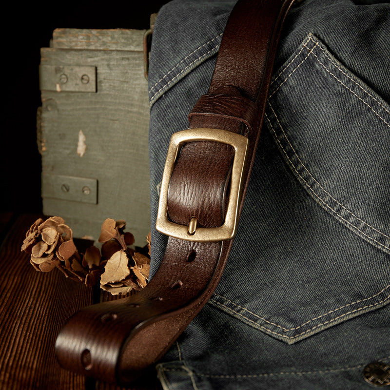 Men's Belt Original Handmade Retro Cowhide Genuine Leather Copper Needle Buckle Men's Belt
