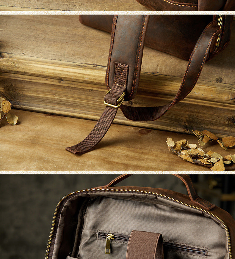 Men's Rucksack Genuine Cowhide Leather Handmade Casual Large Capacity Men's Business Bag Travel Bag