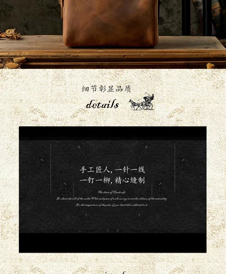 Men's Shoulder Bag Handmade Cow Leather Casual Simple Retro Zipper Crossbody Bag