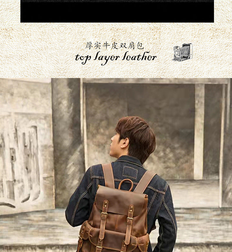 Men's backpack handmade genuine cowhide leather retro unique fashion casual travel bag