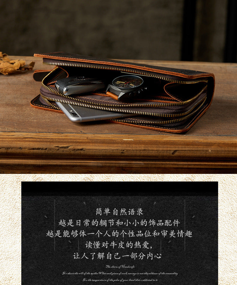 Men's Wallet Handcrafted Genuine Cowhide Leather Quality Crazy Horse Double Zipper Clutch Bag Casual Men's Wallet