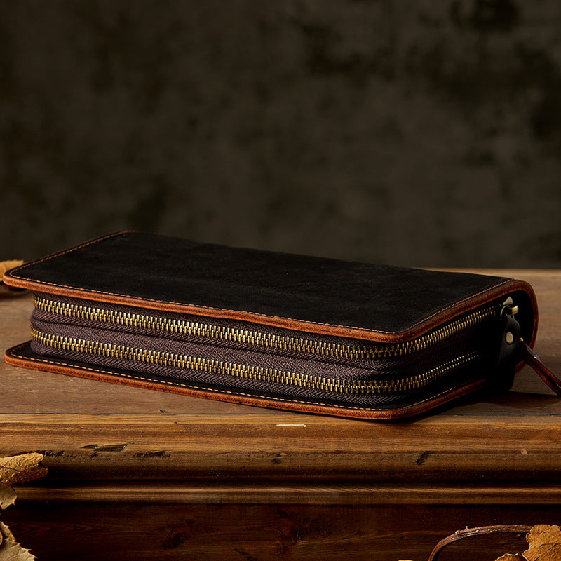 Men's Wallet Handcrafted Genuine Cowhide Leather Quality Crazy Horse Double Zipper Clutch Bag Casual Men's Wallet