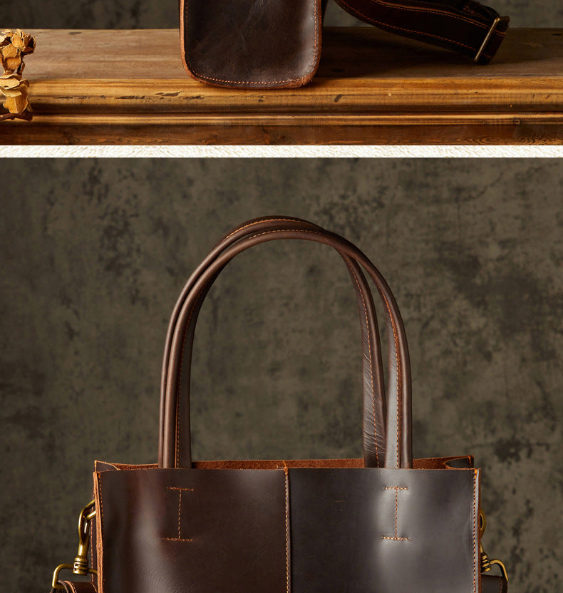 Men's Handbag Handmade Cowhide Genuine Leather Crazy Horse Handbag Business Commuter Retro Crossbody Bag Shoulder Bag Men's Briefcase