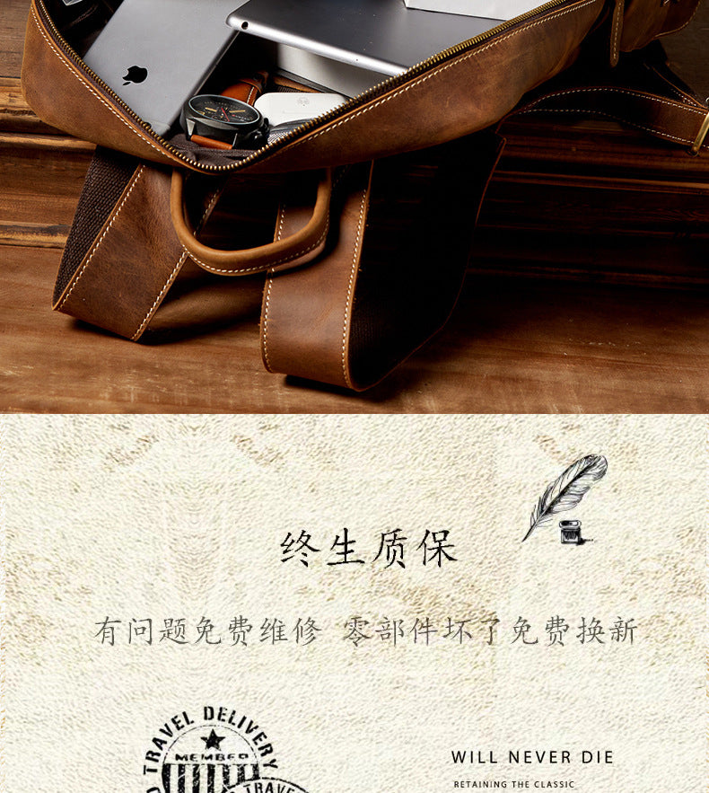 Men's Backpack Handmade Cowhide Genuine Leather Retro Crazy Horse Large Capacity Travel Bag Men's Computer Bag
