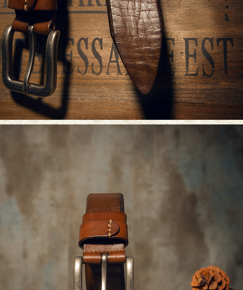 Men's Belt Genuine Cowhide Leather Handmade Needle Buckle Simple Casual Vintage Fashion Men's Belt