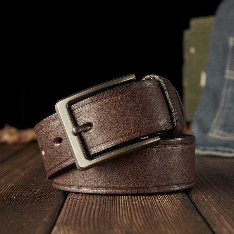Men's Belt Handmade Cowhide Genuine Leather Retro Simple Casual Fashion Stainless Steel Needle Buckle Men's Belt