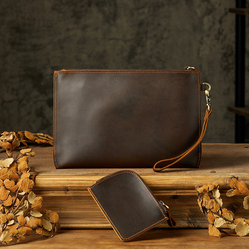 Men's Wallet Handcrafted Genuine Cowhide Leather Retro Zipper Simple Clutch Bag Men's Wallet