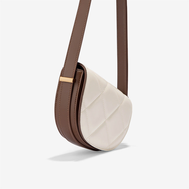 Cowhide women bag luxury plaid crossbody bag saddle bag genuine leather semicircle broadband shoulder bag.Pochette