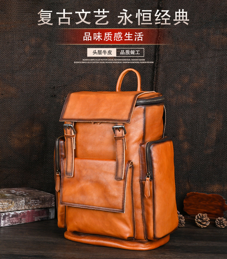 Men's backpack genuine cowhide leather retro unisex casual travel bag business bag