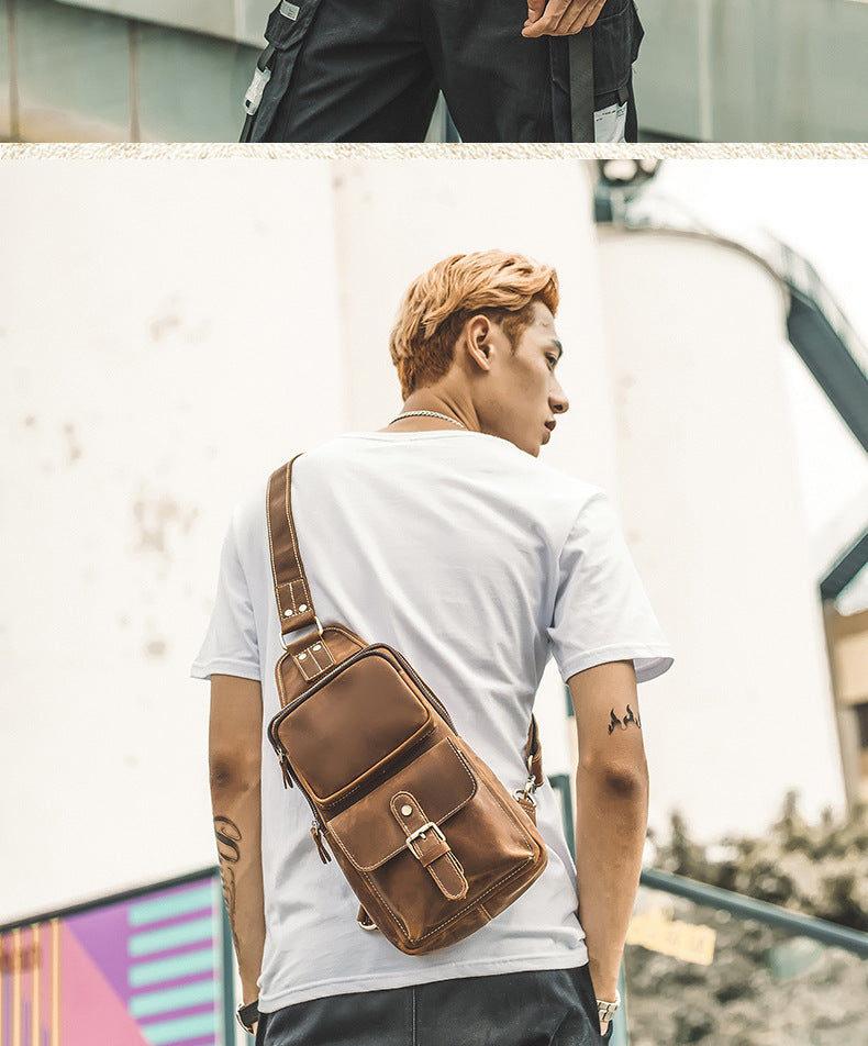 Men's Bust Bag Handmade Genuine Cowhide Leather Crazy Horse Retro Fashion Casual Crossbody Bag Shoulder Bag