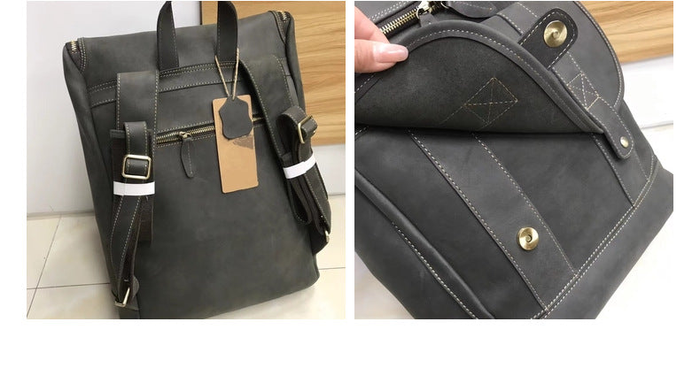 Men's Backpack Genuine Cowhide Leather Crazy Horse Retro Unisex Travel Bag
