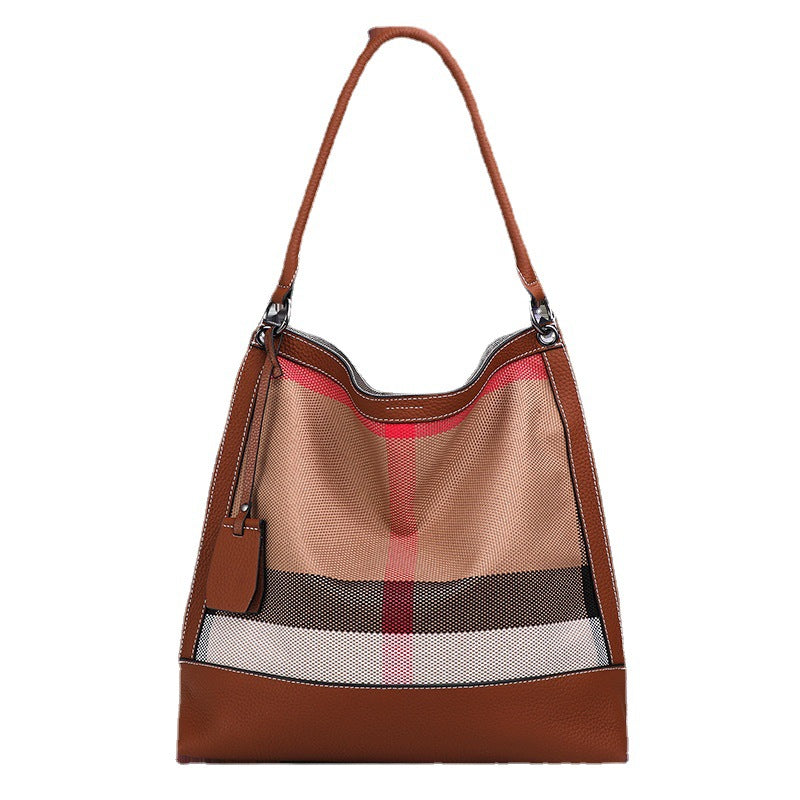 Women's bag Plaid cowhide canvas trend fashion bucket bag tote bag commuting Shoulder bag that goes with anything. Pochette