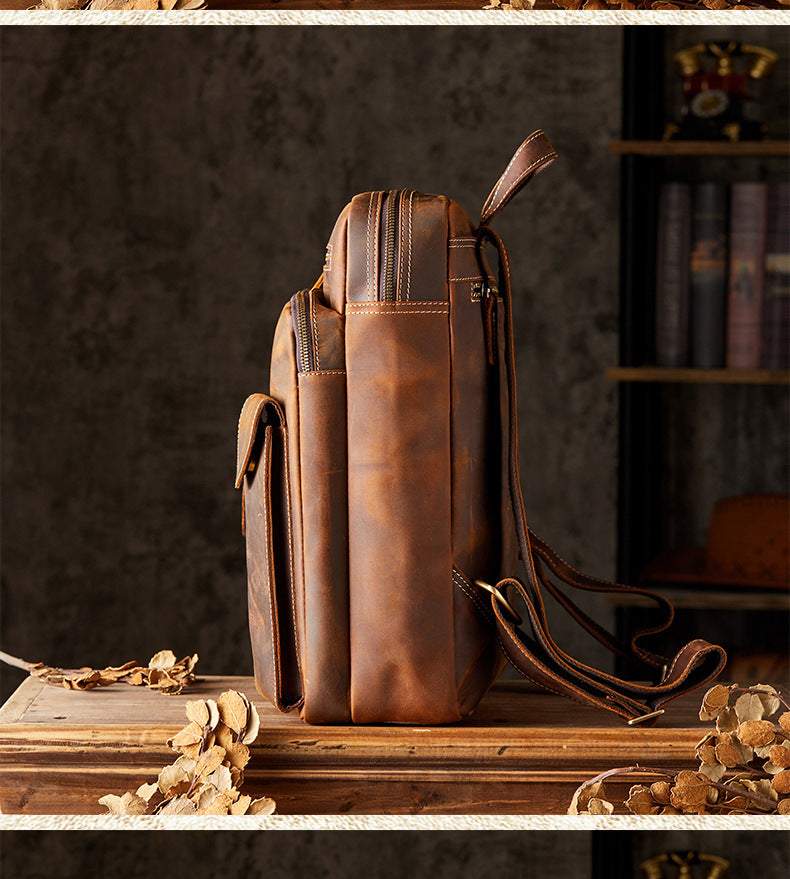 Men's Backpack Genuine Cowhide Leather Crazy Horse Handmade Original Travel Bag Retro Casual Men's Bag