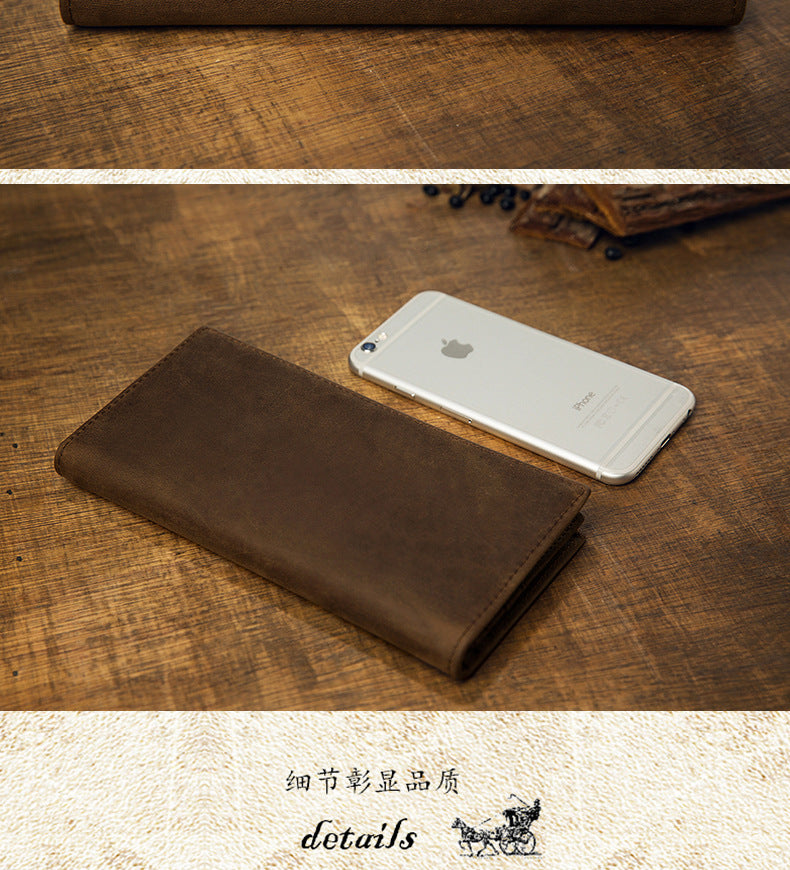 Men's long wallet, genuine cowhide leather, Crazy Horse, handmade, ultra-thin, bi-fold, card holder, simple, retro wallet for men