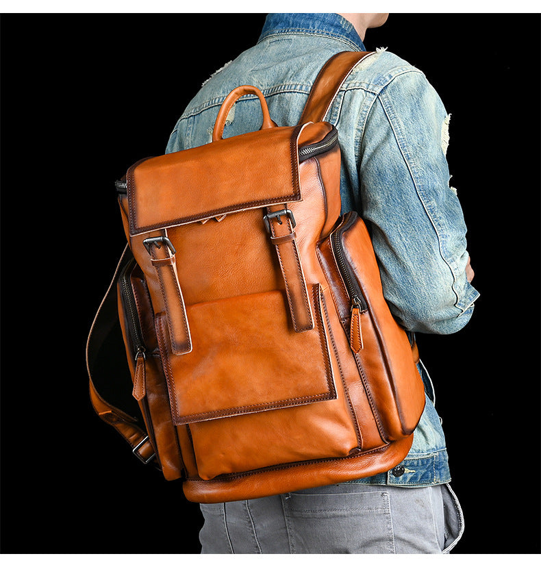 Men's backpack genuine cowhide leather retro unisex casual travel bag business bag