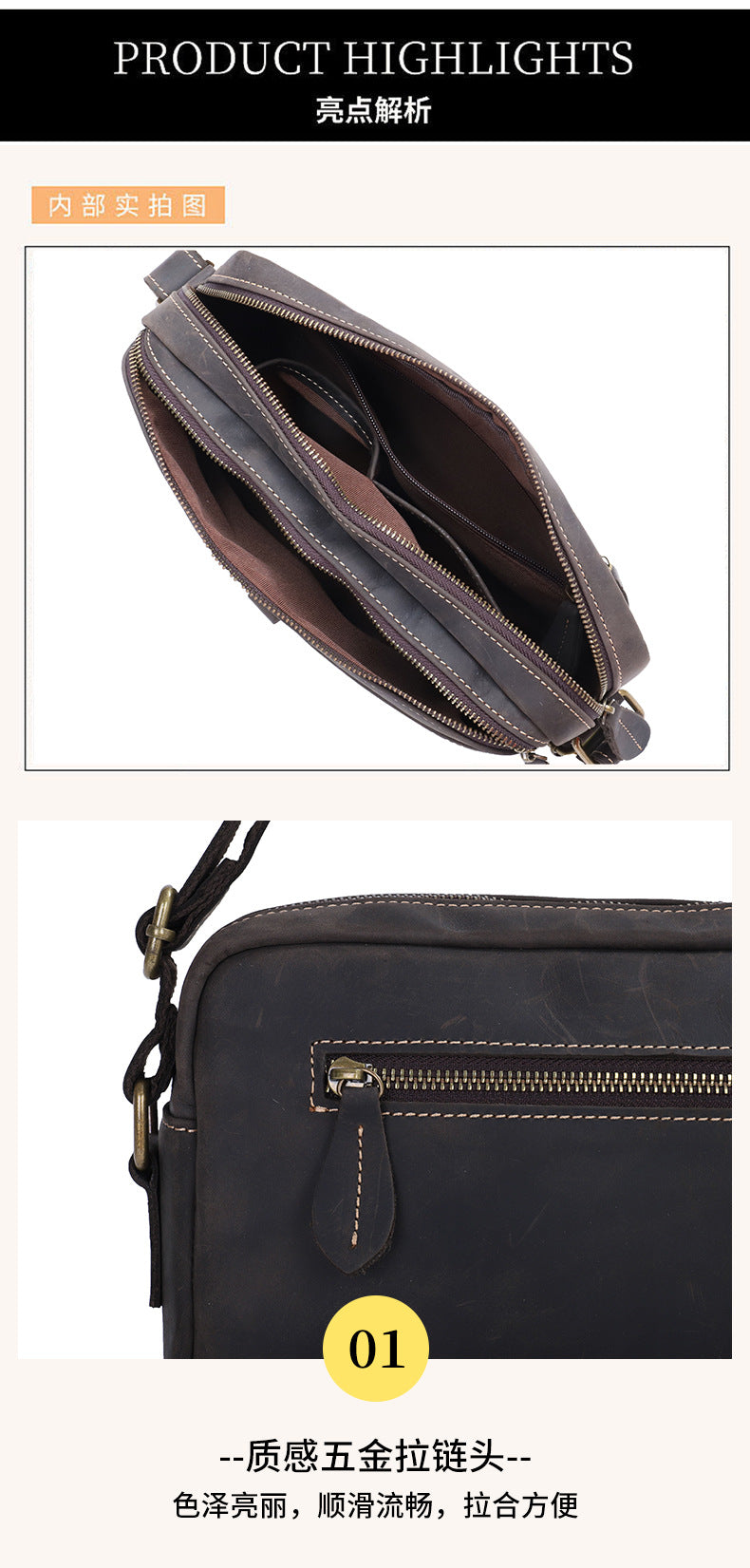 Men's Shoulder Bag Genuine Cowhide Leather Retro Fashion Commuter Crossbody Bag for Men