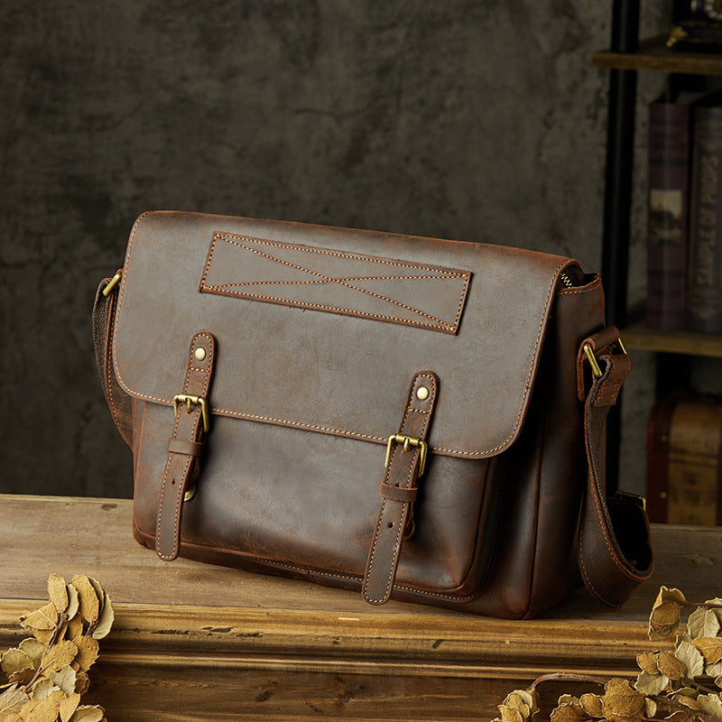 Men's Messenger Bag Handmade Genuine Cowhide Leather Crazy Horse Korean Fashion Crossbody Bag Shoulder Bag