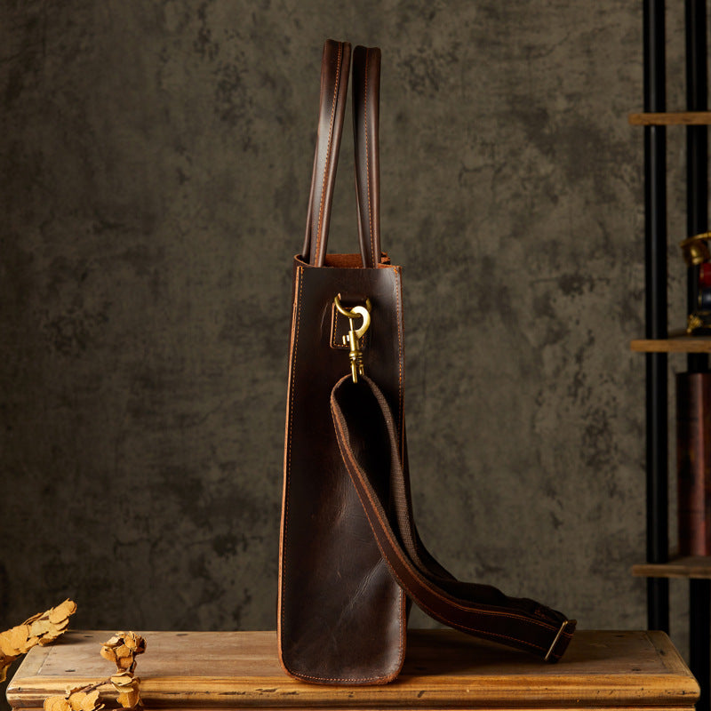 Men's Handbag Handmade Cowhide Genuine Leather Crazy Horse Handbag Business Commuter Retro Crossbody Bag Shoulder Bag Men's Briefcase
