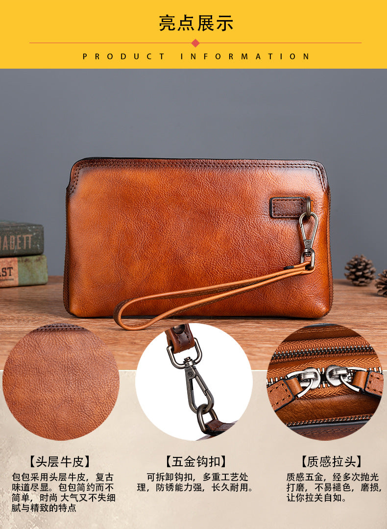 Men's Clutch Bag Genuine Cowhide Leather Practical Retro Casual Men Bag