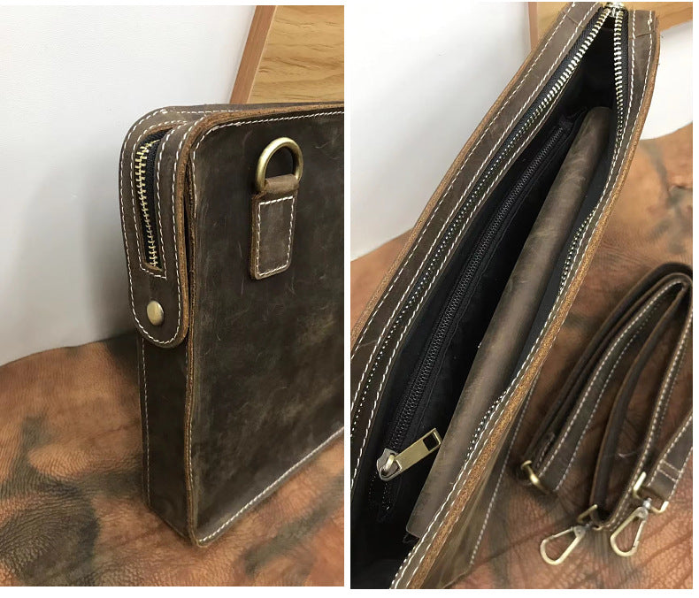 Men's Briefcase Retro Cowhide Genuine Leather Crazy Horse Commuting Simple Crossbody Bag for Men