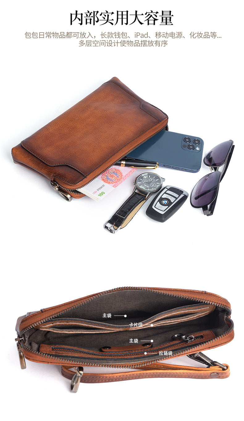 Men's Clutch Bag Genuine Cowhide Leather Retro Casual Men's Bag