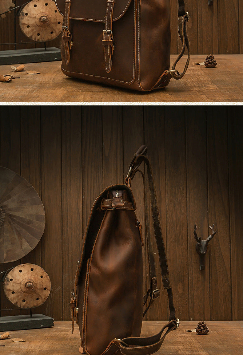 Men's Rucksack Genuine Cowhide Leather Handmade Korean Fashion Unique Travel Computer Bag for Men
