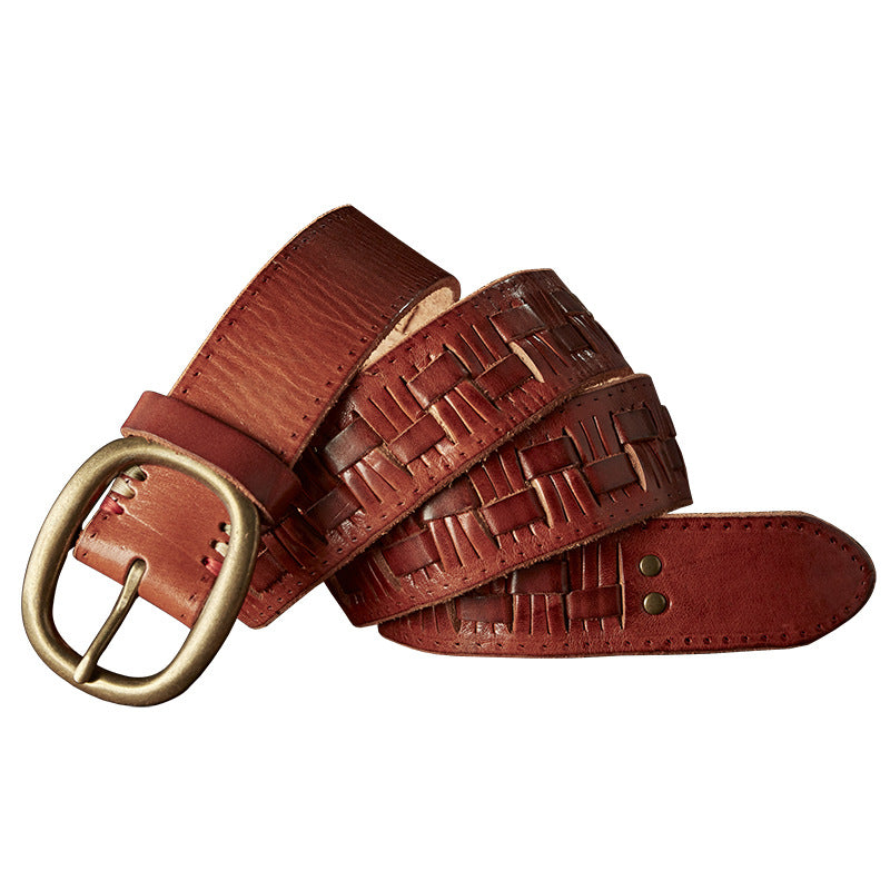 Men's Belt Hand-knitted Cowhide Genuine Leather Copper Needle Buckle Retro Fashion Personality Casual Men's Belt