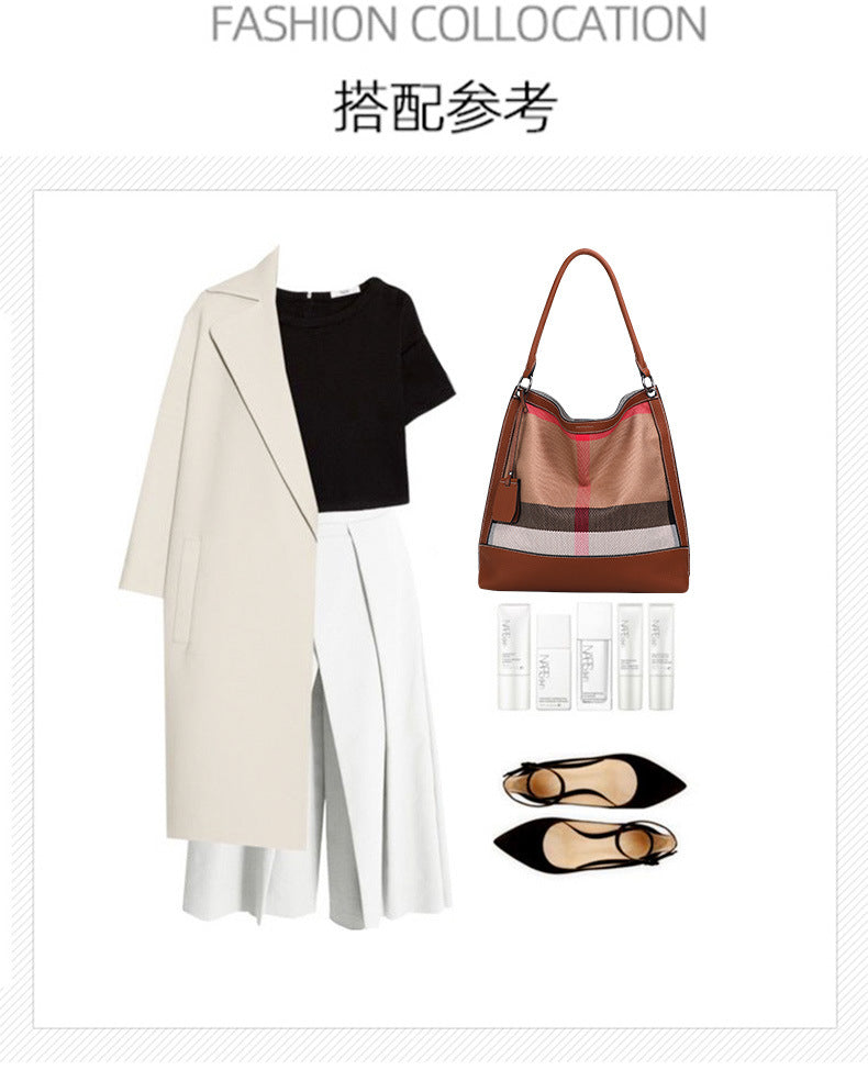 Women's bag Plaid cowhide canvas trend fashion bucket bag tote bag commuting Shoulder bag that goes with anything. Pochette