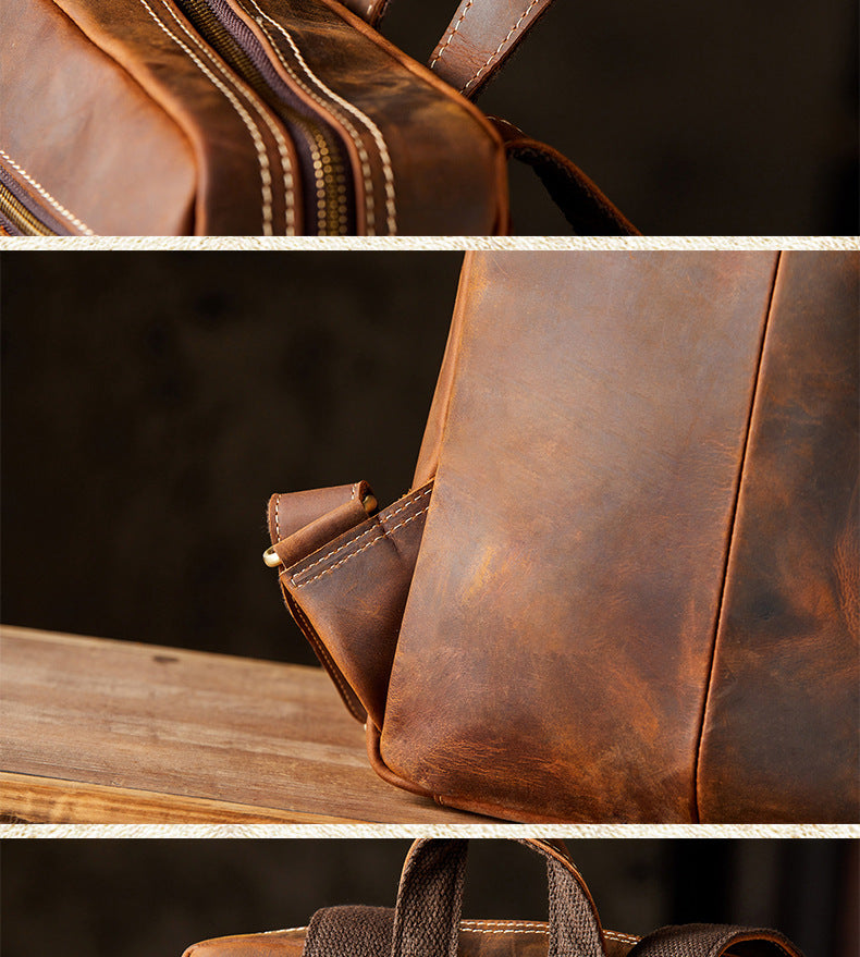 Men's Backpack Genuine Cowhide Leather Crazy Horse Handmade Original Travel Bag Retro Casual Men's Bag
