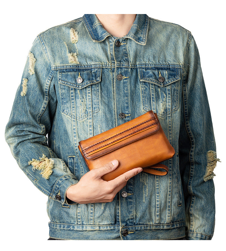 Men's Clutch Bag Genuine Cowhide Leather Retro Casual Men's Handbag