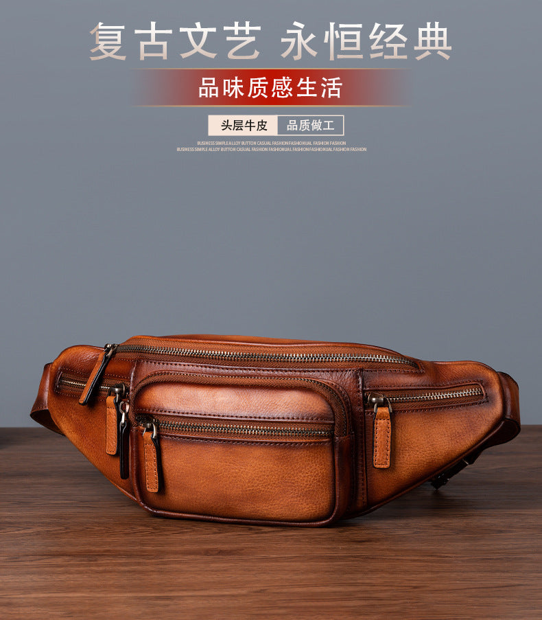 Men's Waist Pouch Genuine Cowhide Leather Retro Casual Bust Bag for Men