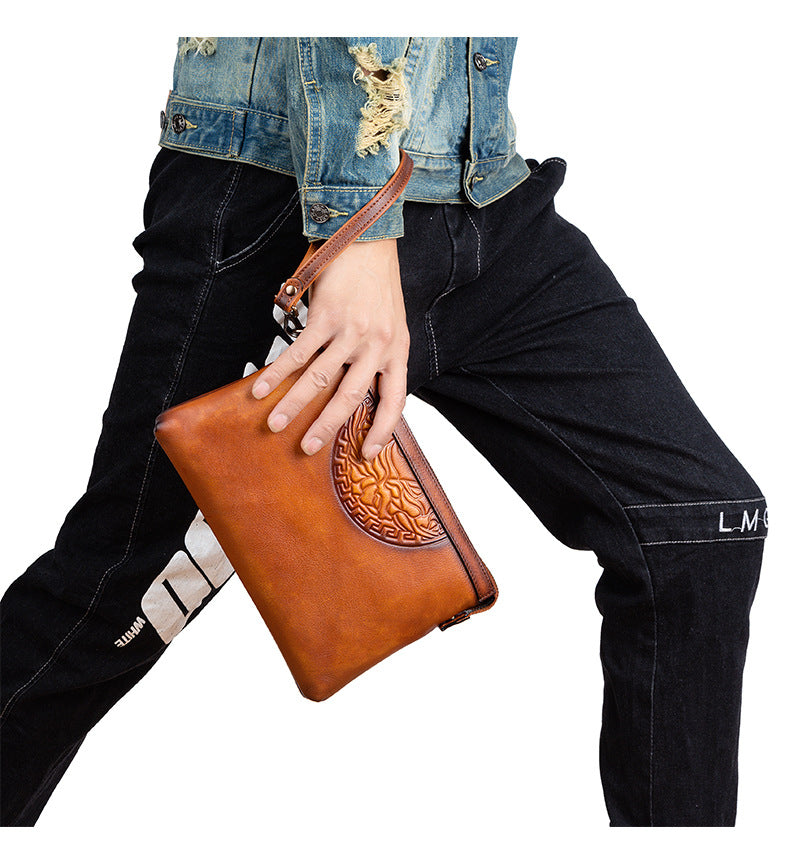 Men's Clutch Bag Genuine Cowhide Leather Retro Casual Men's Handbag