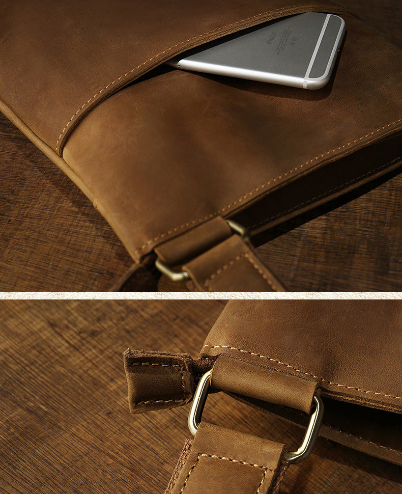 Men's Shoulder Bag Handcrafted Genuine Cowhide Leather Crazy Horse Simple Retro Crossbody Bag for Men