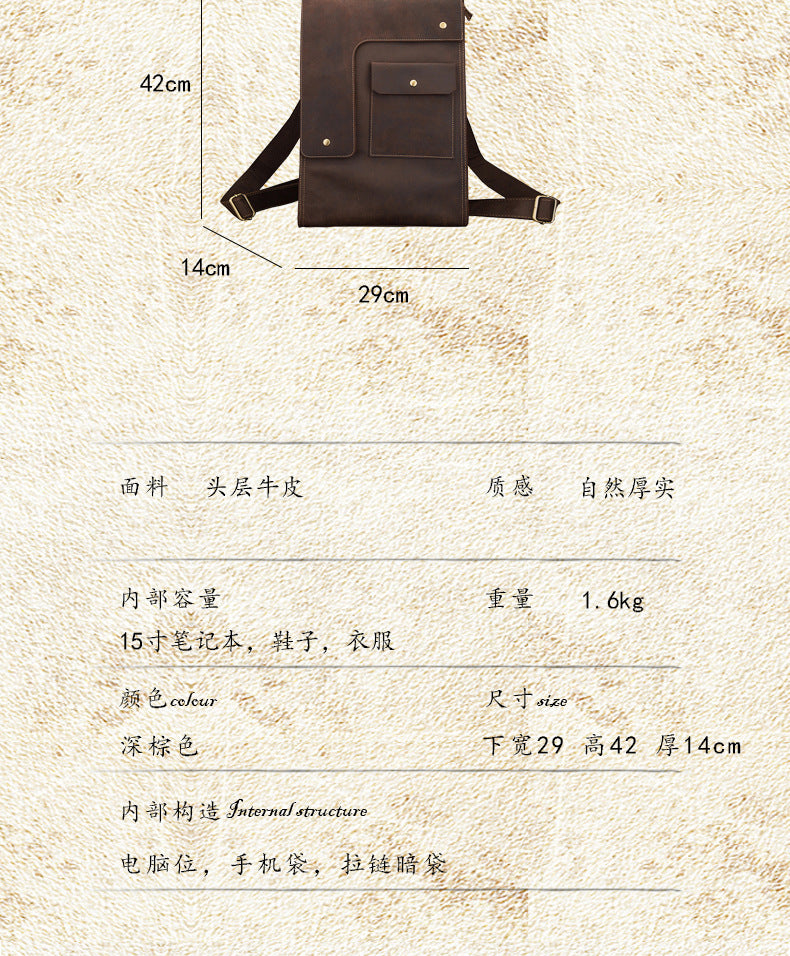 Men's Rucksack Cowhide Genuine Leather Handmade Unique Fashion Casual Travel Bag Computer Bag