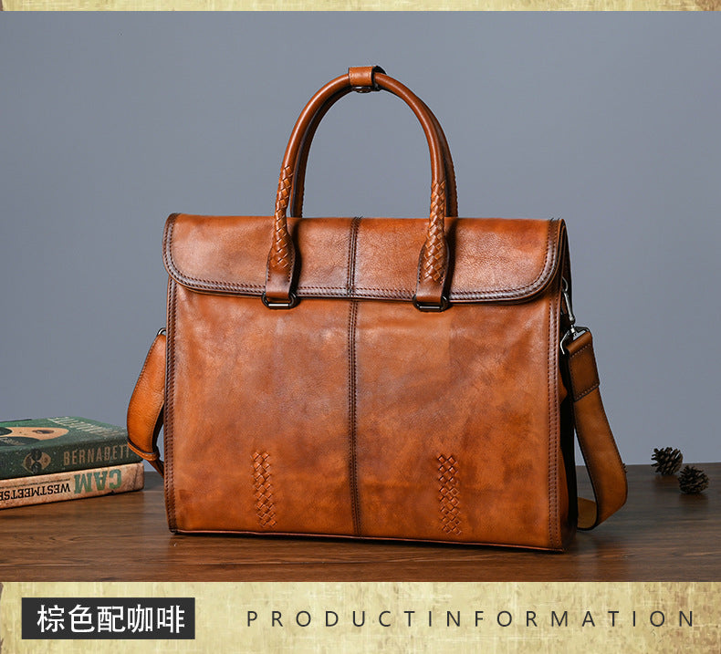 Men's briefcase genuine cowhide leather simple fashion retro casual business men's handbag computer bag