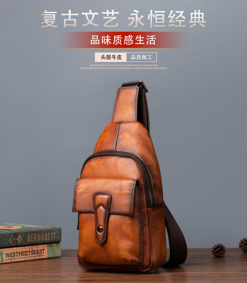 Men's bust bag Genuine cowhide leather retro casual crossbody bag for men