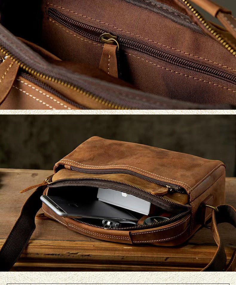 Men's Shoulder Bag Handmade Cow Leather Casual Simple Retro Zipper Crossbody Bag