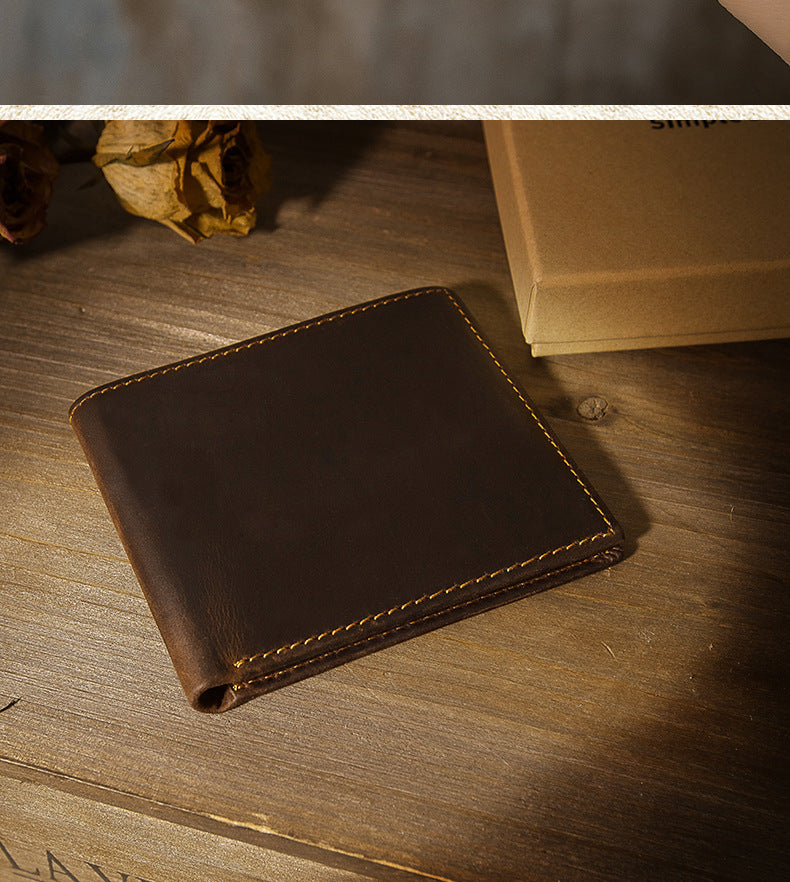 Men's short wallet made of genuine cowhide leather Crazy Horse Original casual simple thin Korean fashion unique wallet for men