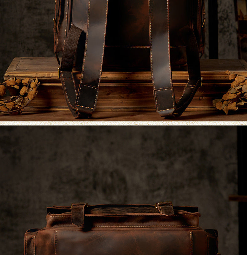 Men's Backpack Handmade Genuine Cowhide Leather Crazy Horse Retro Travel Bag Large Capacity Computer Bag Rucksack