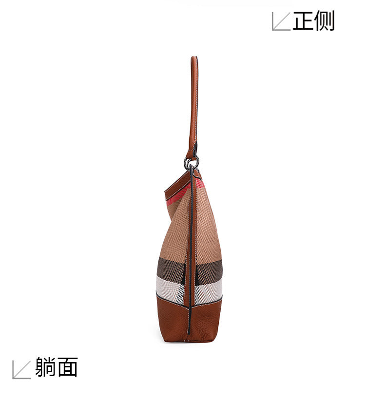 Women's bag Plaid cowhide canvas trend fashion bucket bag tote bag commuting Shoulder bag that goes with anything. Pochette