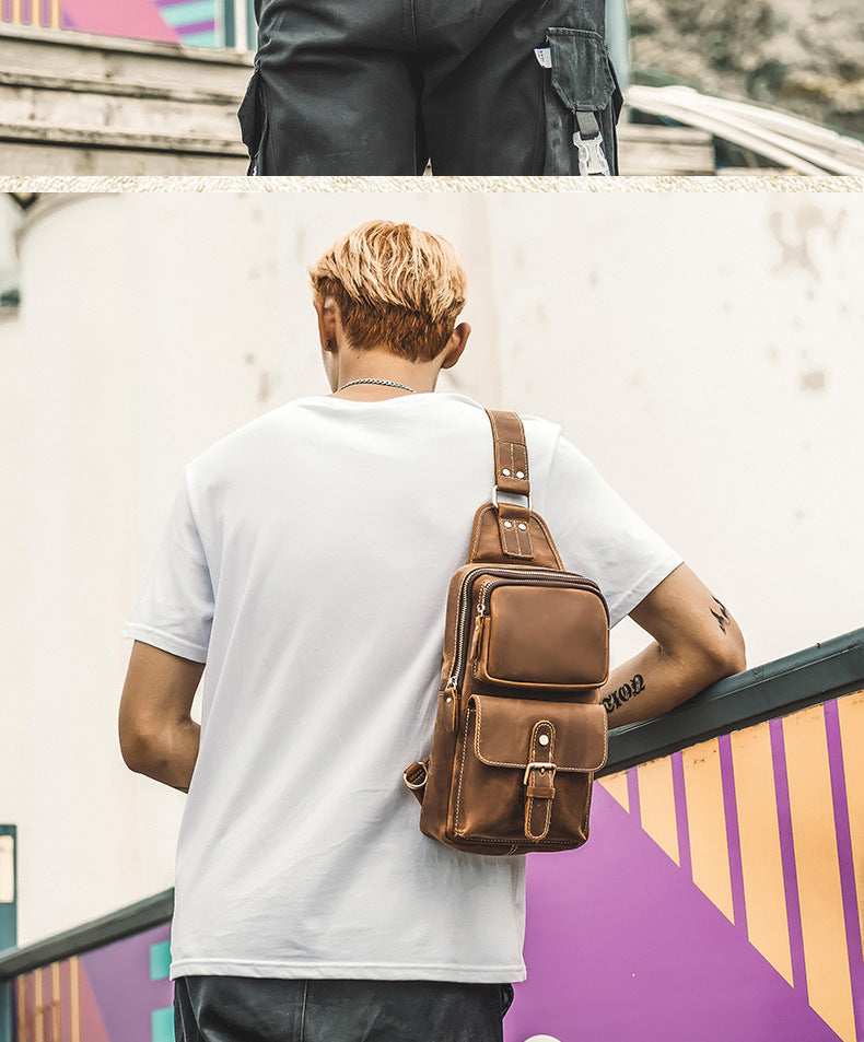Men's Bust Bag Handmade Genuine Cowhide Leather Crazy Horse Retro Fashion Casual Crossbody Bag Shoulder Bag