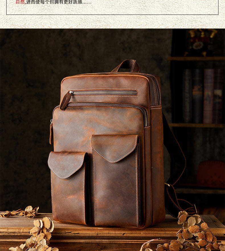 Men's Backpack Genuine Cowhide Leather Crazy Horse Handmade Original Travel Bag Retro Casual Men's Bag