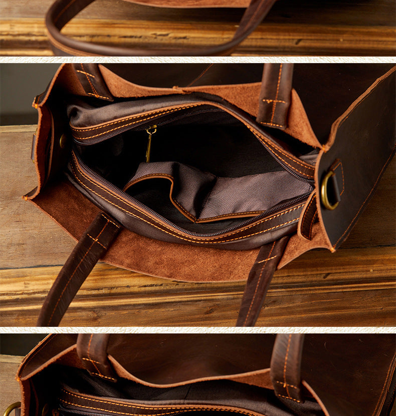 Men's Handbag Handmade Cowhide Genuine Leather Crazy Horse Handbag Business Commuter Retro Crossbody Bag Shoulder Bag Men's Briefcase